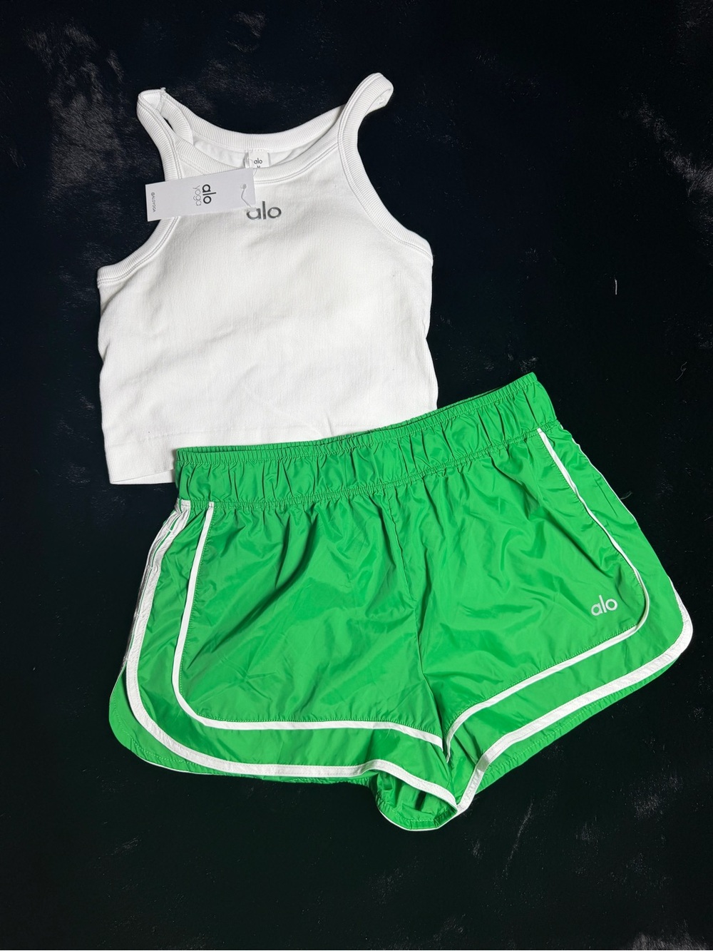 ALO Yoga Bright Green Kids Athletic Shorts with White Piping